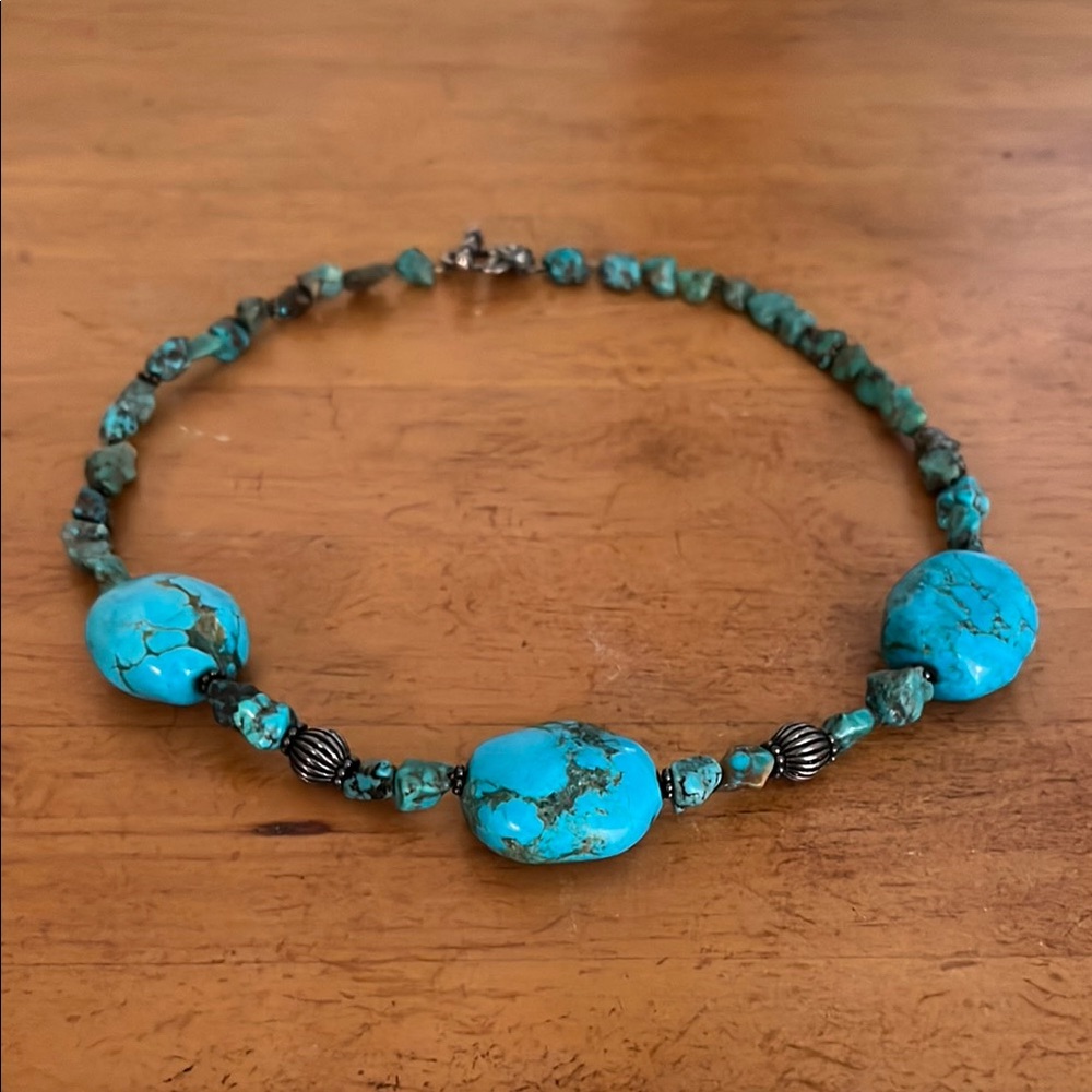 Turquoise Blue Beaded Necklace with Organic Oval Accents